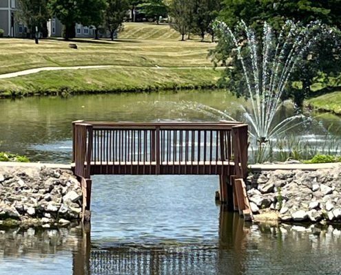 Columns Lake path bridge and fountain